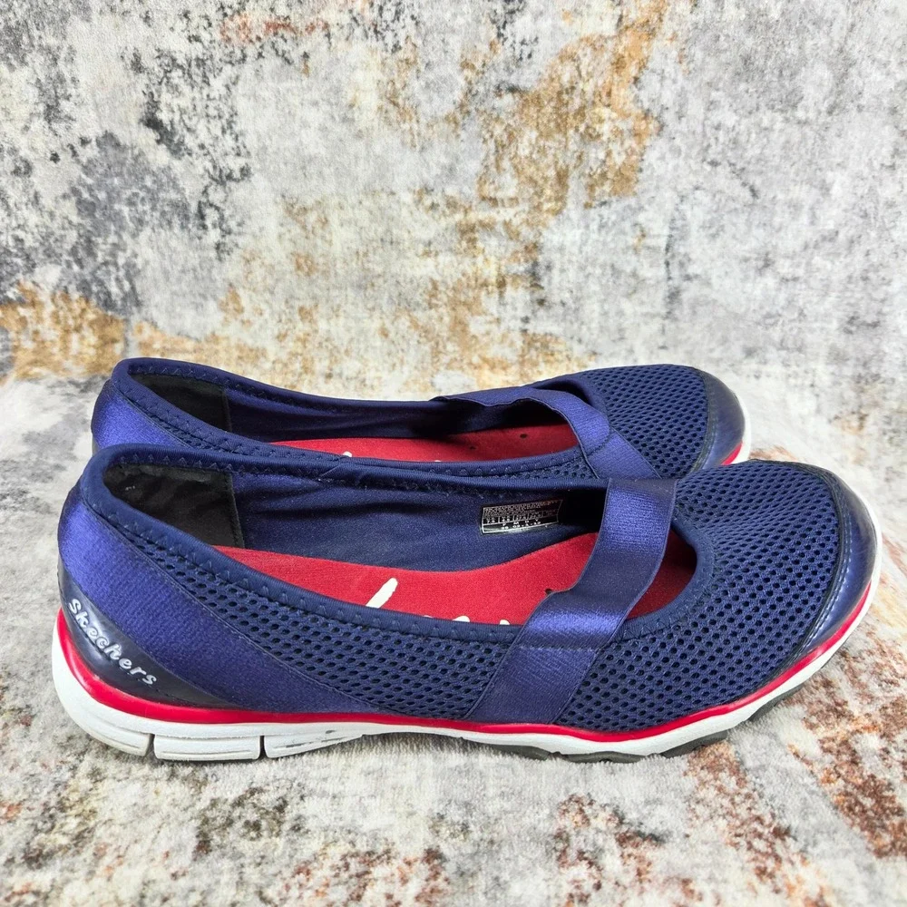 Skecher Mesh Mary Jane Slip On Walking Shoes Womens 7.5 Navy Blue 22108 Comfort